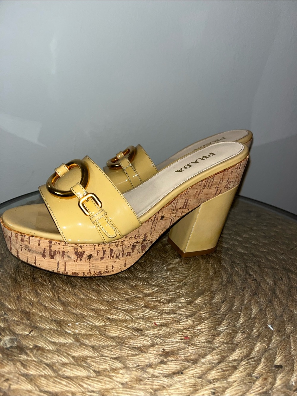 Prada Patent Leather Cork Platform Mules with Gold-Tone Ring - Picture 4 of 9